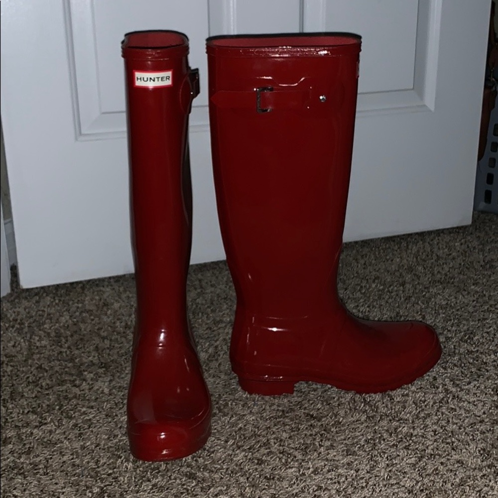 Red tall hunter rain boots